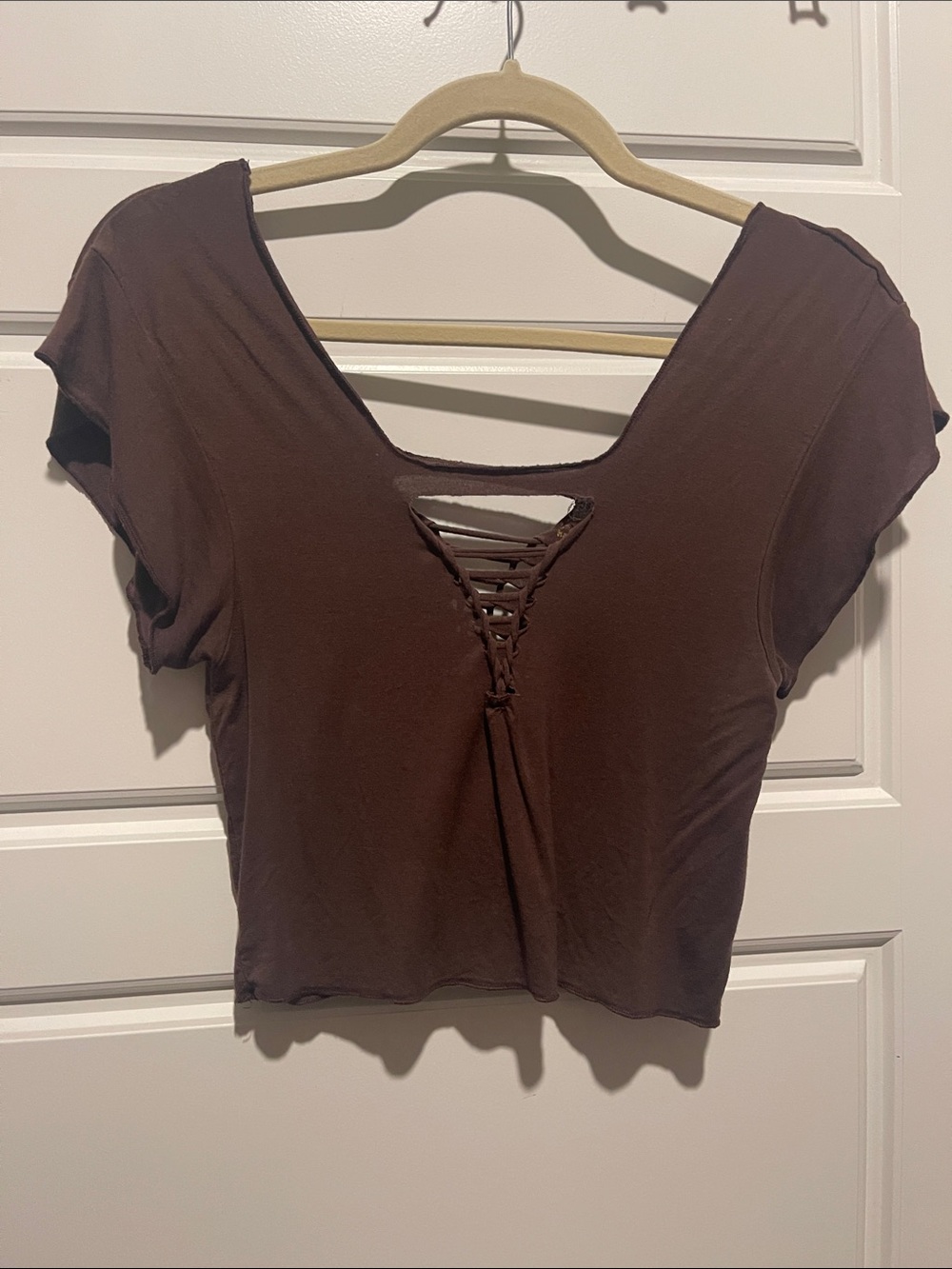 Women’s Lace-Up Scoop Neck Brown Crop Top